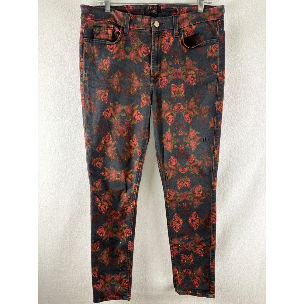 Jen7 by 7 For All Mankind Floral Rose Print Skinny Jeans Black Red Womens 14 USA